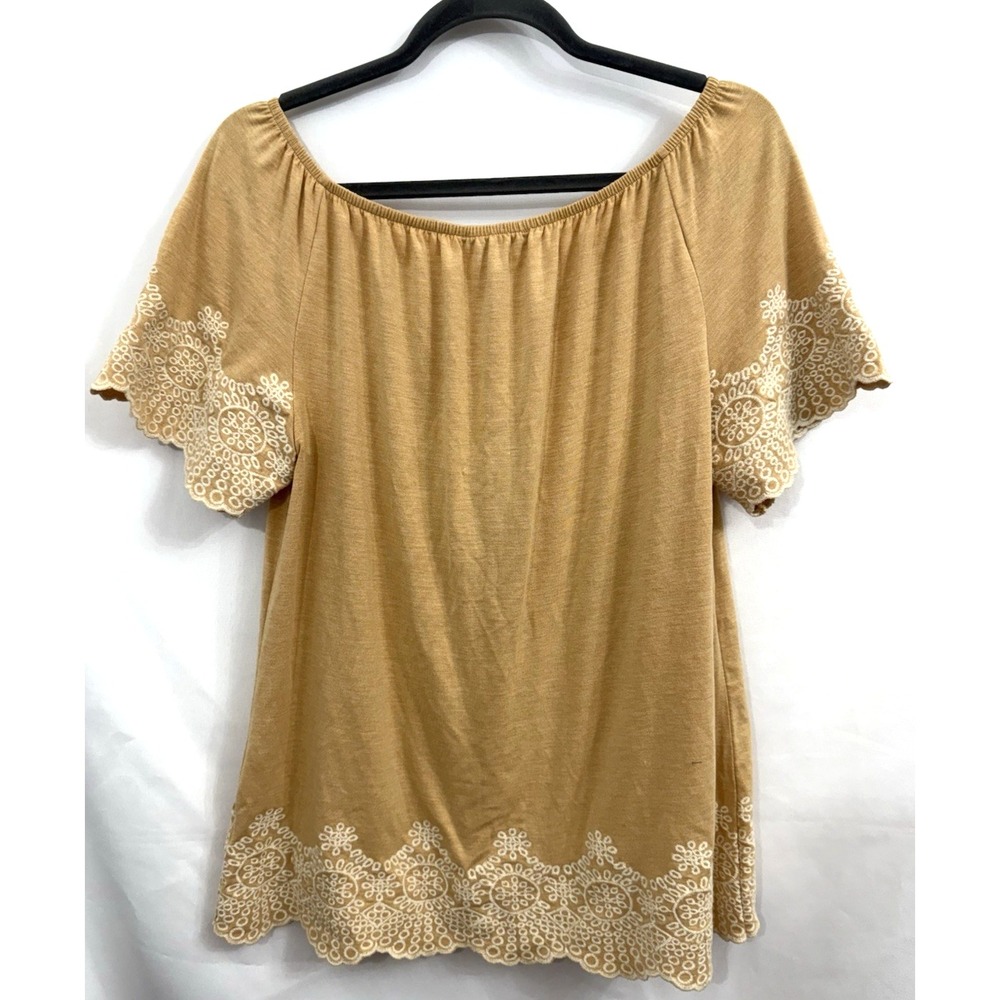 NWT Adrianna Papell Beige Tie Neck Embroidered Hem Top Blouse Womens Size S - Picture 2 of 9